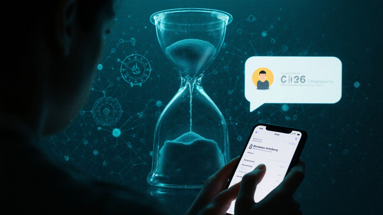 Čekající výběr zobrazený jako hodiny a blockchain, uživatel žádá podporu.