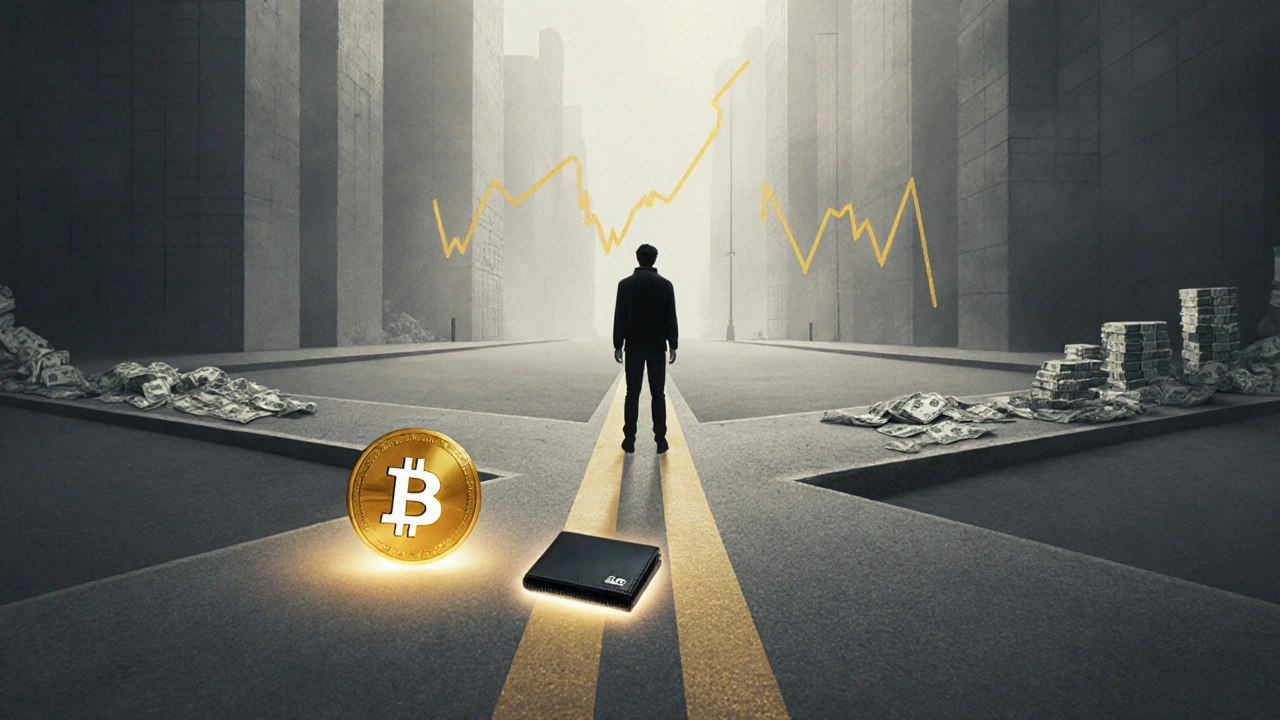 Člověk na křižovatce mezi kryptoměnou a tradičními investicemi.