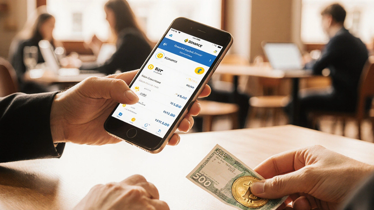 Dvě ruce předávají kryptoměnu za hotovost v kavárně, na stole česká koruna.