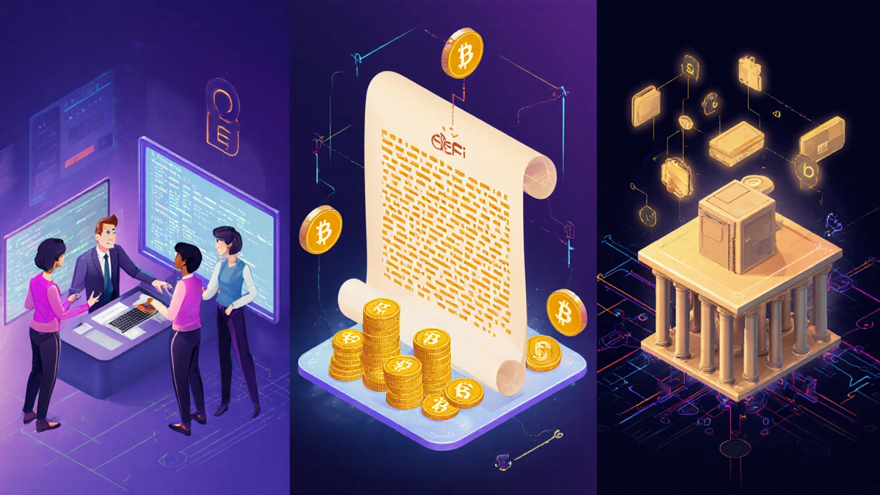 Emitent, smart contract a DeFi platforma zobrazovány jako tři propojené zdroje dividend.