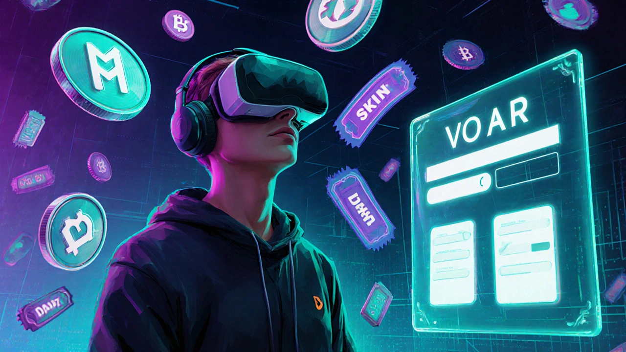 Gamer ve VR s tokeny Metacade a DAO hlasovacím panelem v neonovém prostředí.