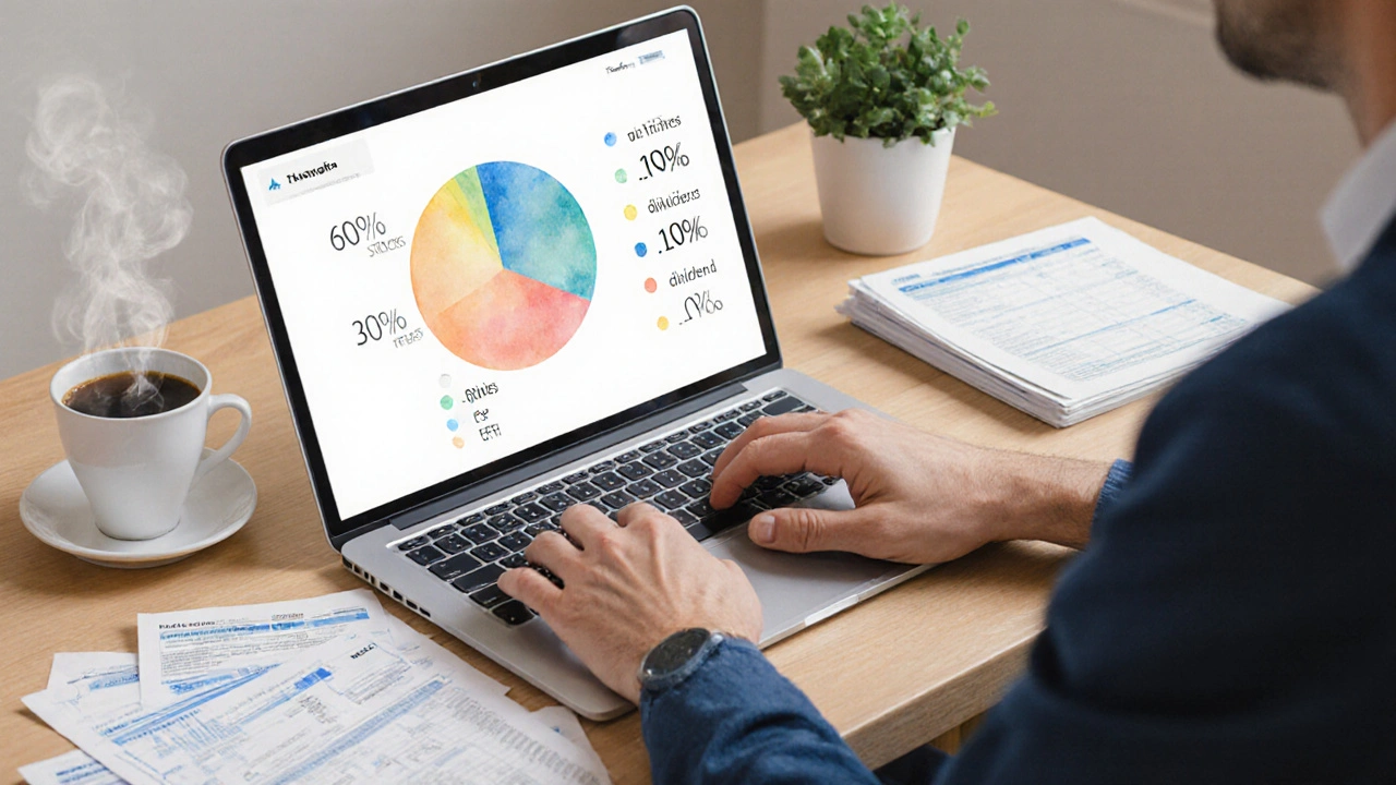 Investor plánuje dividendové portfolio u stolu s laptopem a daňovými papíry.