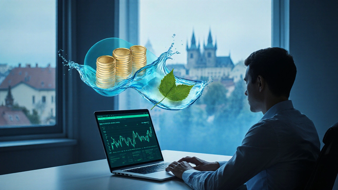Investor u laptopu s plovoucími tvary poukázek, likvidity a daňového osvobození.