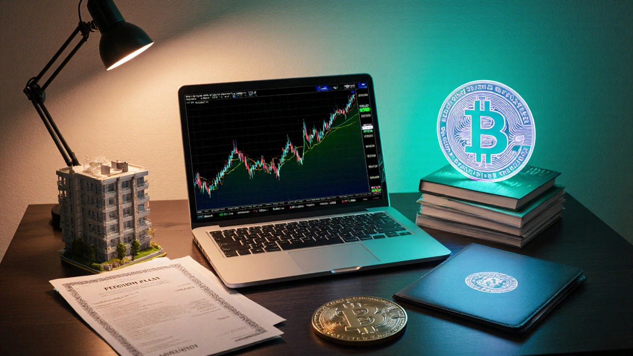 Koláž zobrazující akcie, dluhopisy, ETF, nemovitost, kryptoměnu a penzijní spoření.