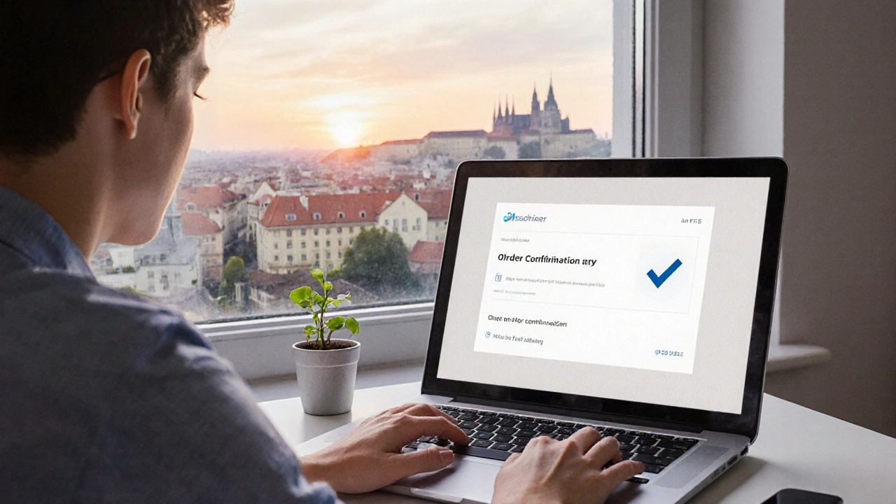 Mladý investor potvrzuje nákup akcií, za oknem Praha.