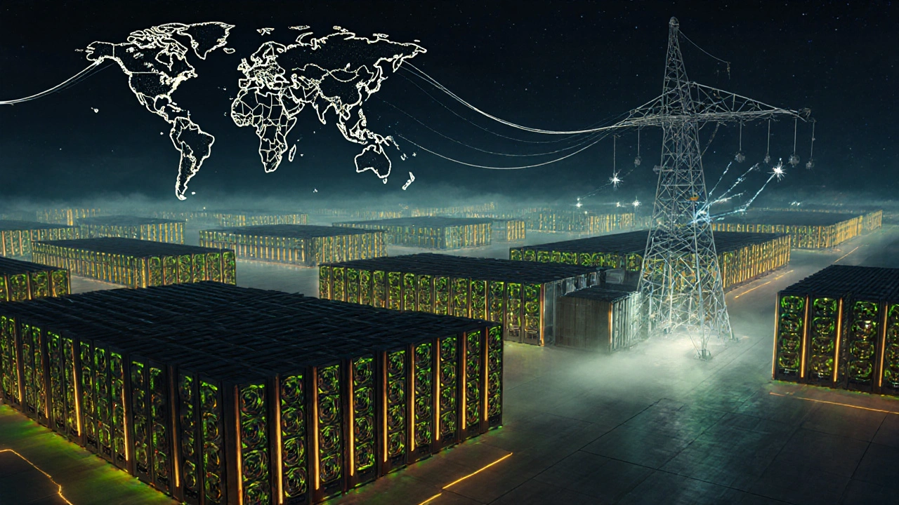 Noční těžební farma s řadami zářících GPU serverů a elektrickými výboji.
