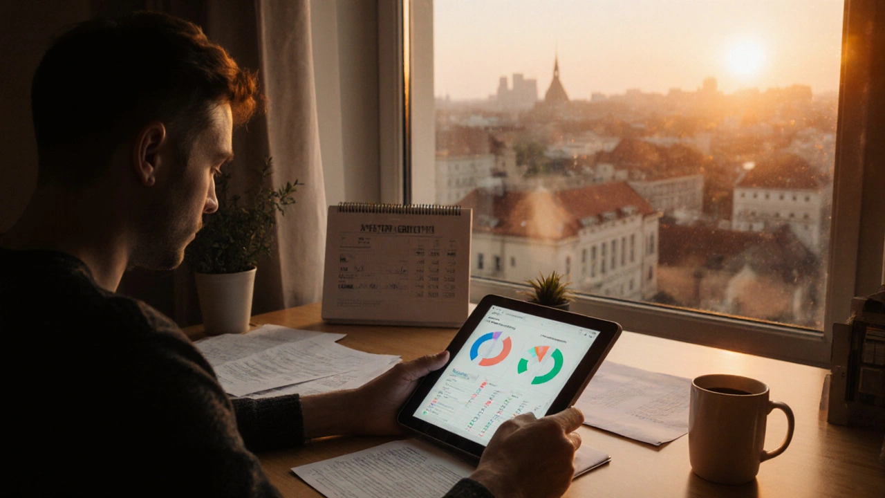Osoba v domácí kanceláři kontroluje portfolio při západu slunce.