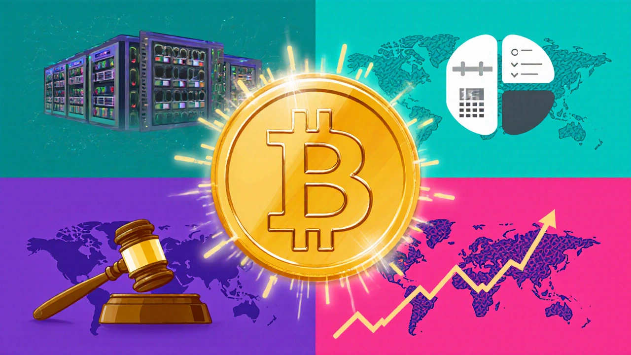 Rozdělený obrázek symbolizující faktory ovlivňující cenu Bitcoinu: těžba, halving, regulace, makroekonomie.