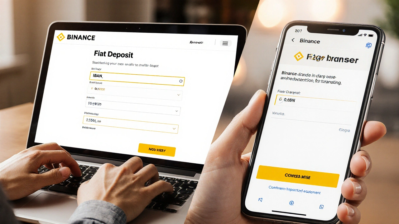 Rozdělený snímek: vpravo laptop s Binance, vlevo mobilní banka provádí převod.