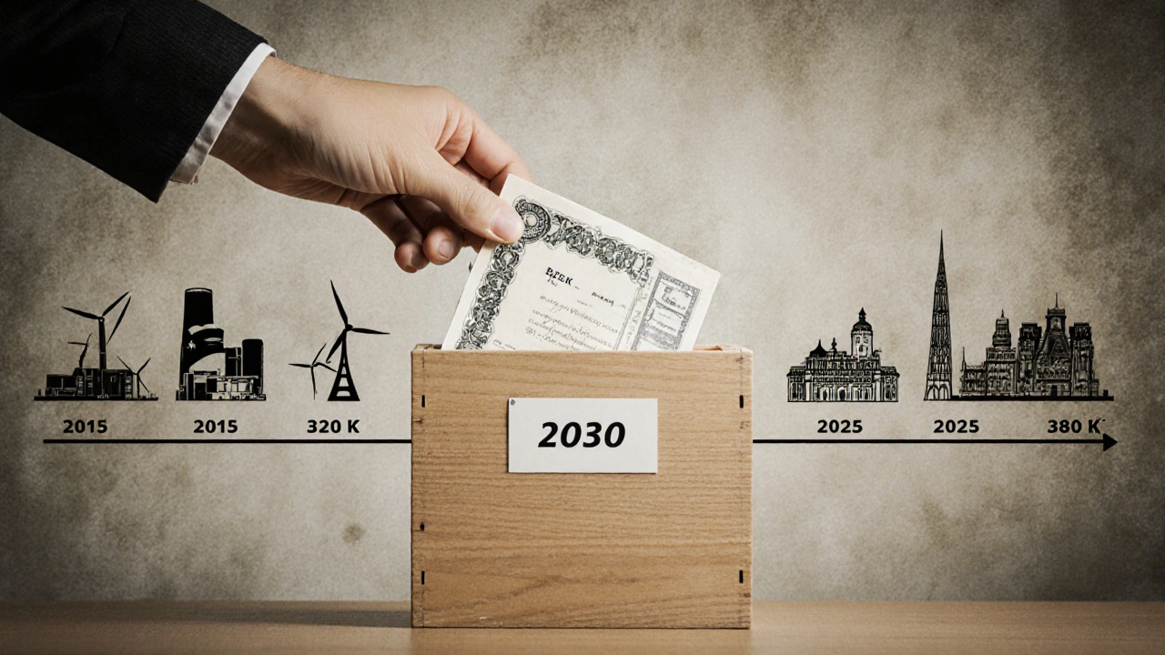 Ruka ukládá akcii ČEZ do krabice s časovou osou od roku 2015 do 2030.