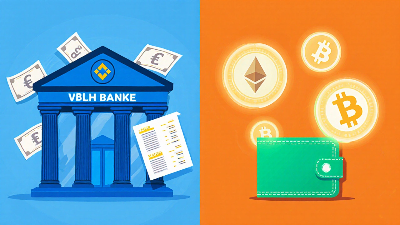 Scéna ukazuje rozdělený výběr: bankovní SEPA převod a kryptoměny Bitcoin, Ethereum, USDT.