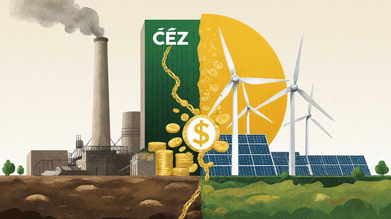 Symbolická představa ČEZ jako energetického giganta s uhlími elektrárnami a větrnými farmami.