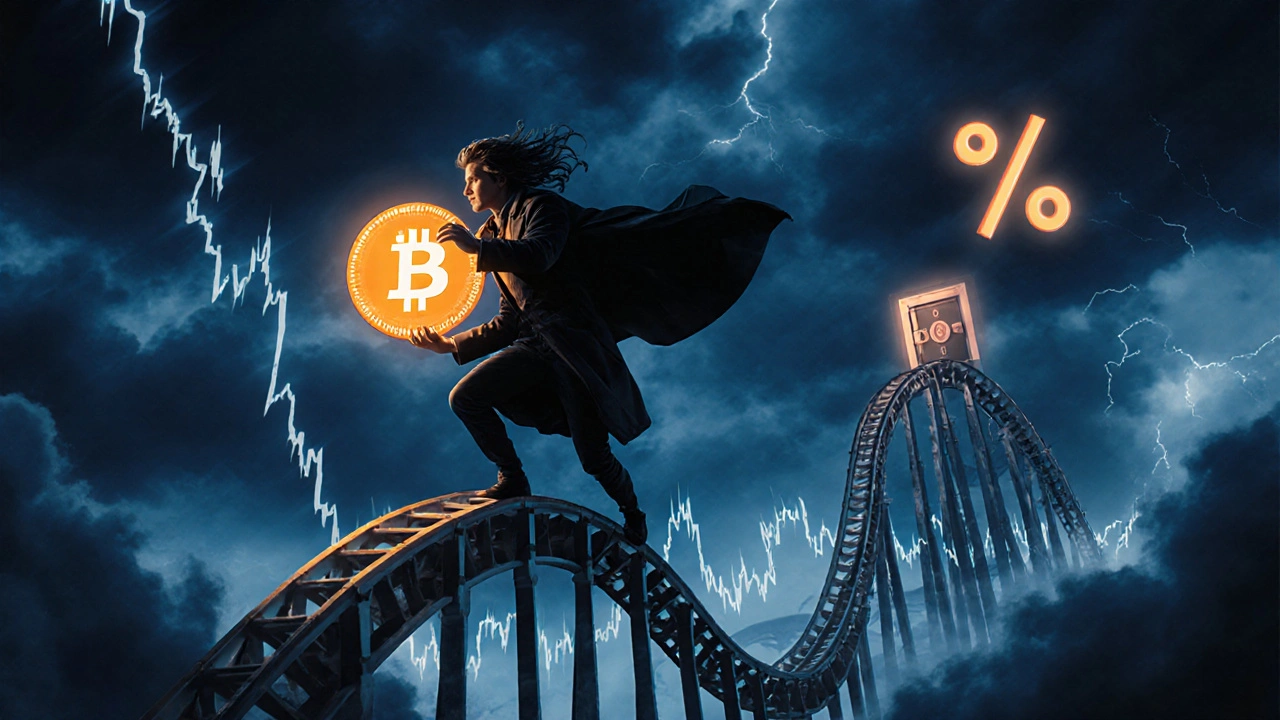 Symbolické zobrazení volatility Bitcoinu: horská dráha z grafů a osoba držící minci u bouřky.