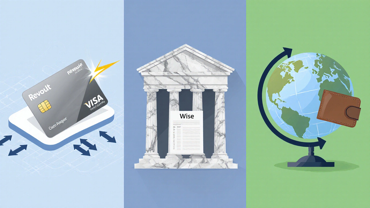 Tři vedle sebe zobrazené symboly: Revolut karta, klasická banka a globální platební služba.