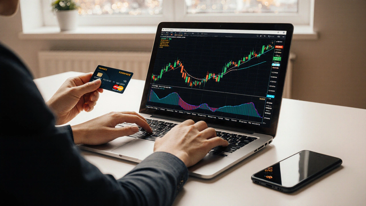 Uživatel v domácí kanceláři nakupuje Metacade na Binance, drží kreditní kartu.