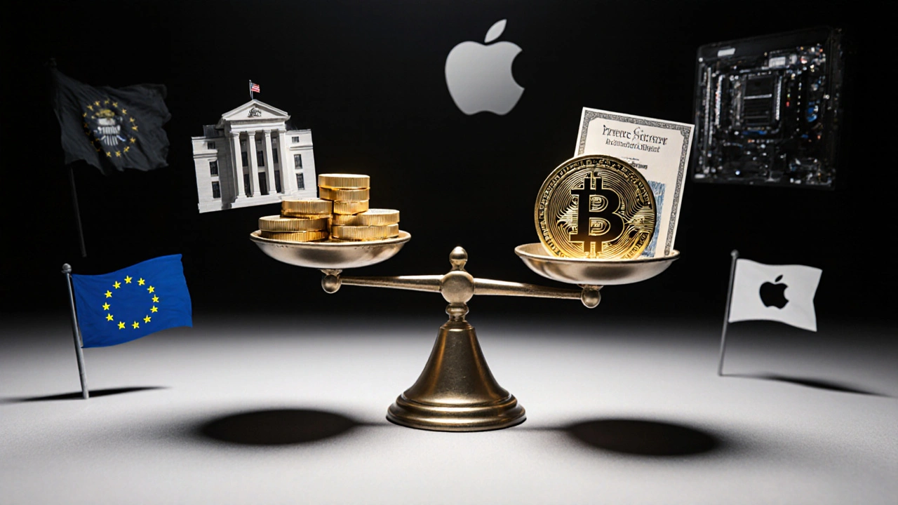 Váha s 20 BTC a tradičními aktivy: dům, zlato, akcie Apple.