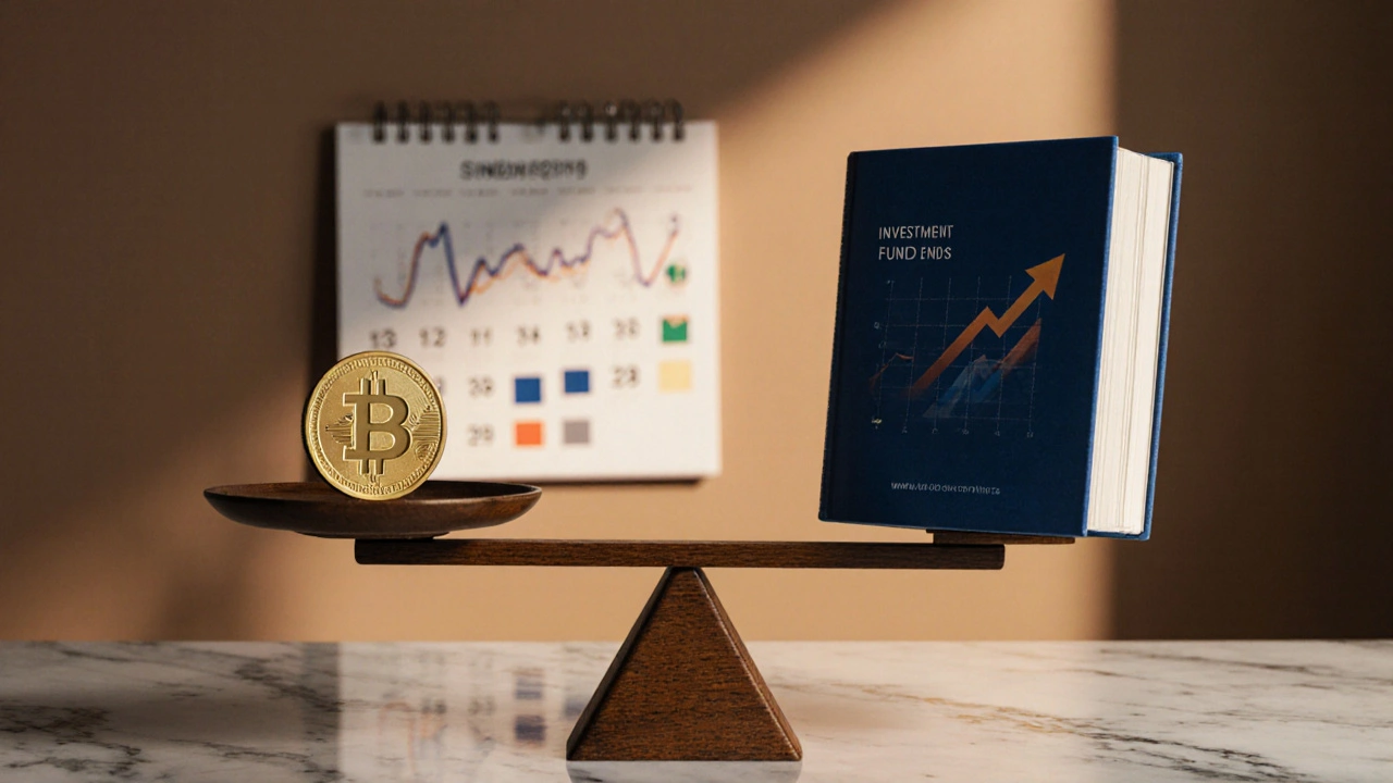 Váhy vyvážejí ETF a investiční fond, s kalendářem měsíčních vkladů v pozadí.