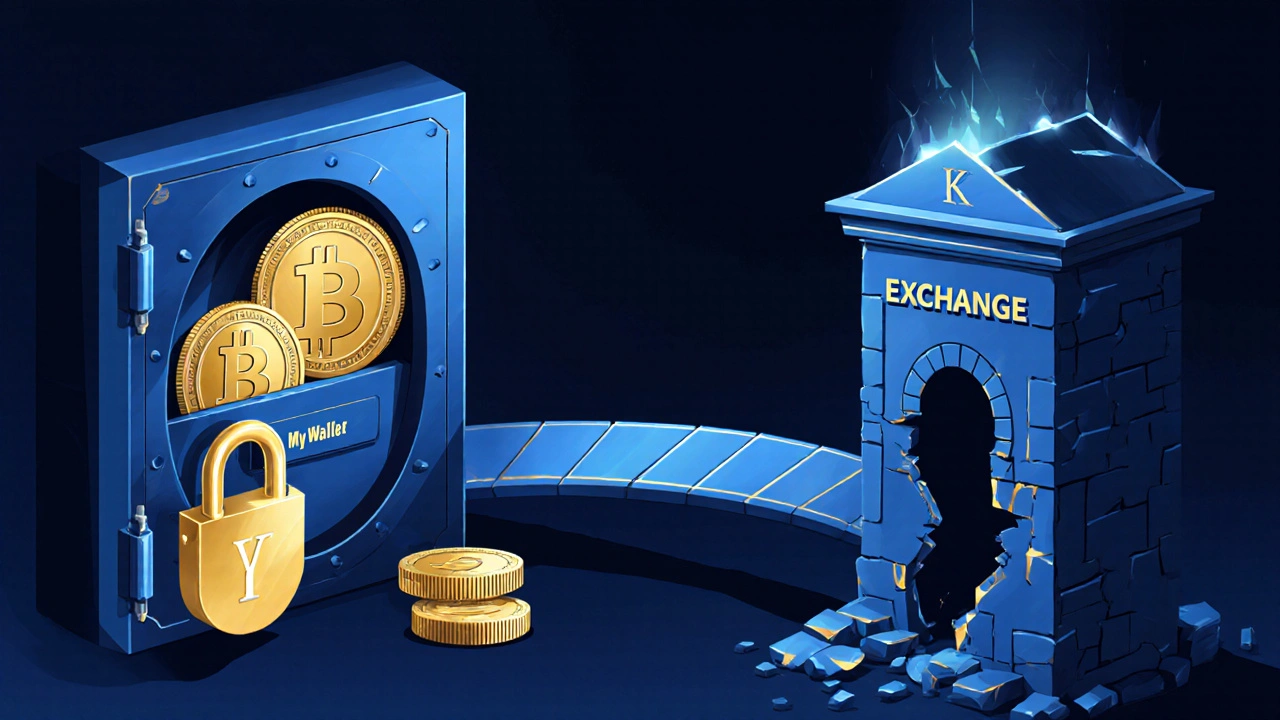 Zlatý klíč otevírá trezor s kryptoměnami, most vede k bankovnímu účtu, burza se řítí.