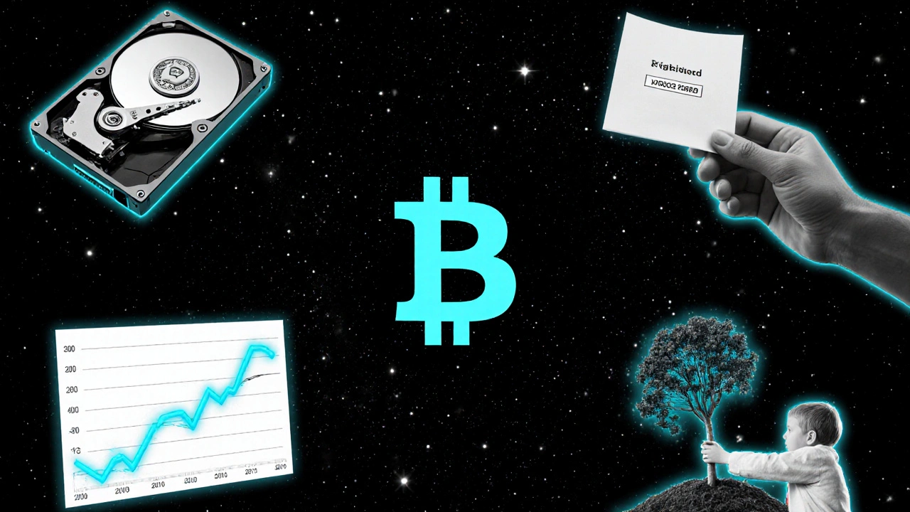 Bitcoín v kosmickém prostoru s symboly trpělivosti, ztráty a dědictví.