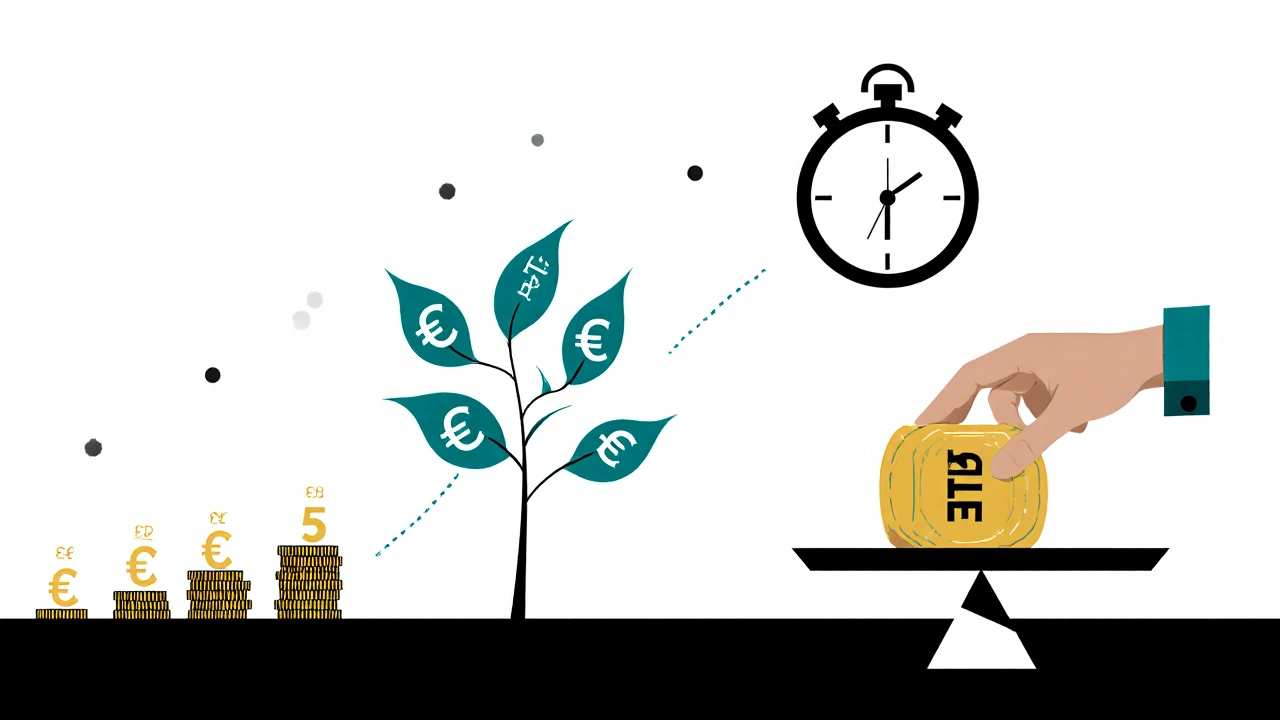 Časová osa: mince se mění v strom s euro-listy, symbolizující dlouhodobou investici.