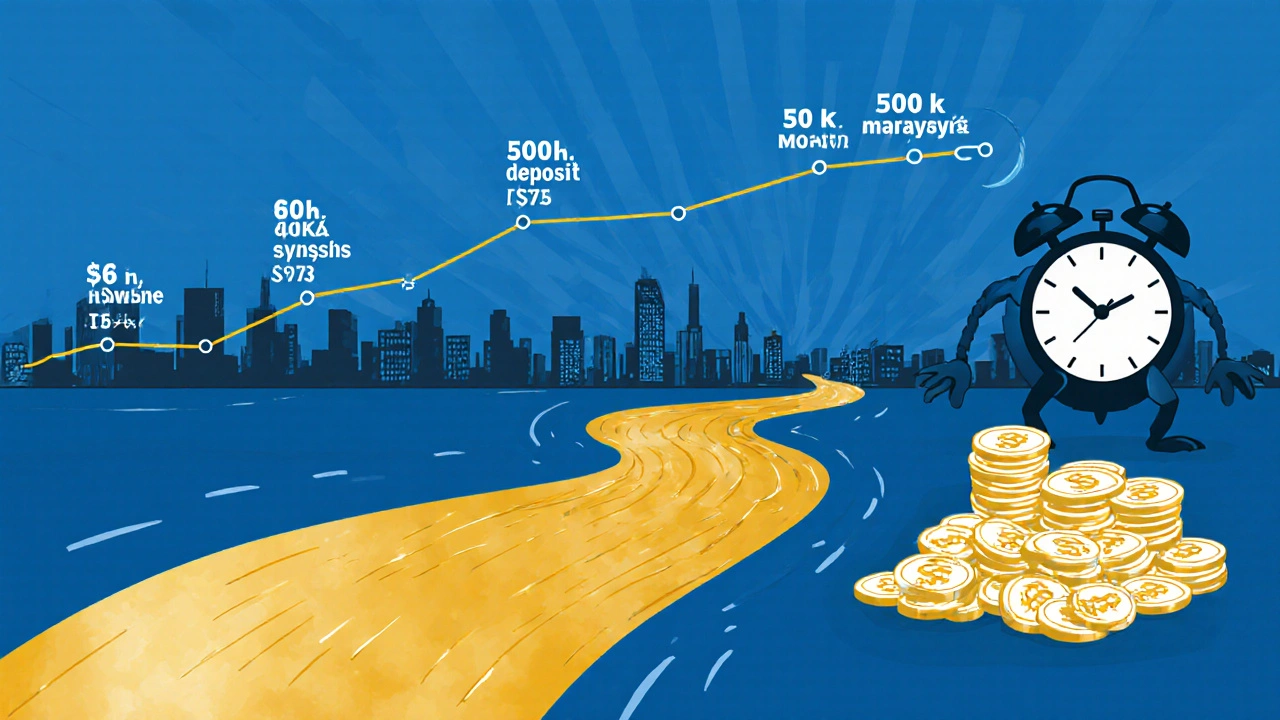 Časová osa od 25 do 60 let s růstovou čárou, která se mění v zlatý proud, zatímco peníze požírá hodinový monster.