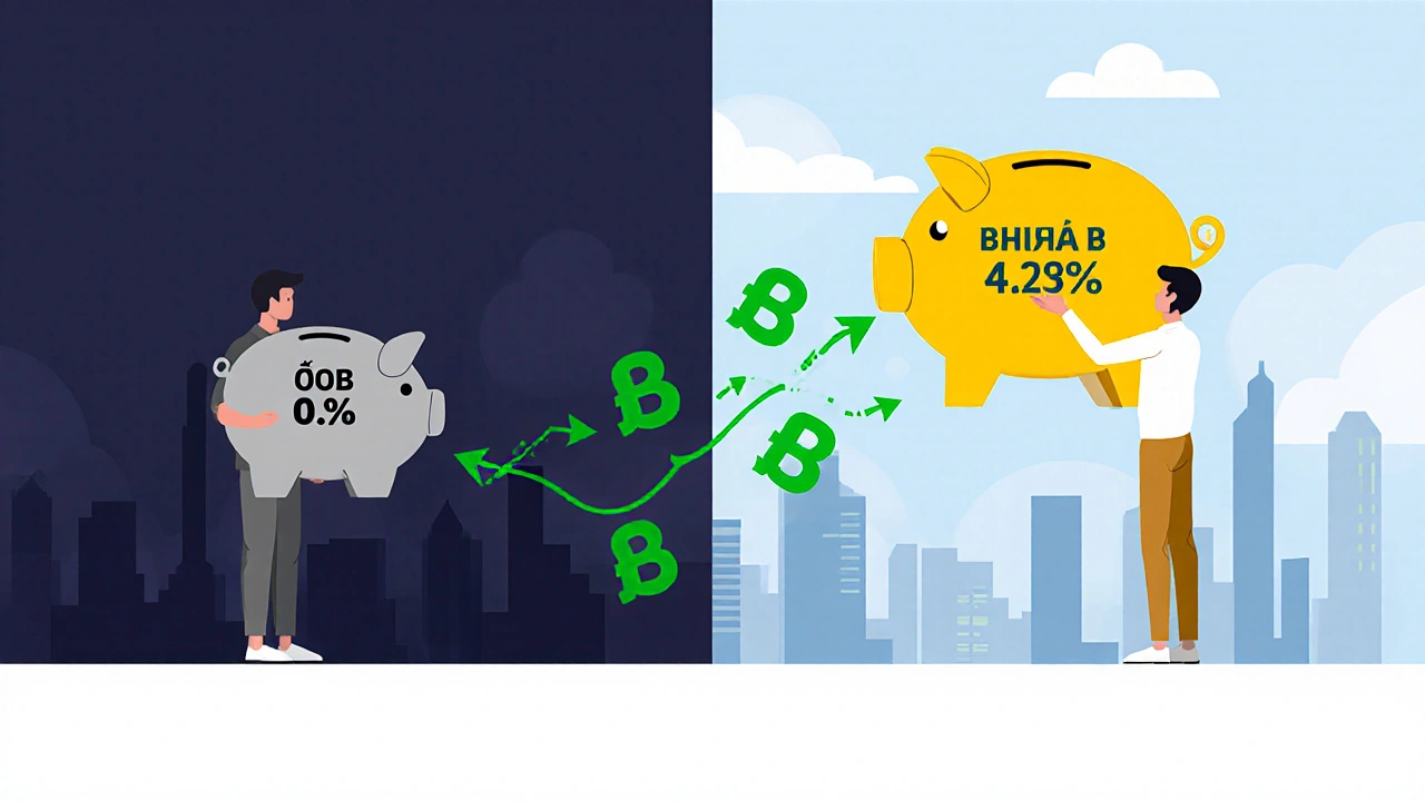 Člověk přenáší peníze z nízkého úroku na vysoký úrok, symbolicky znázorněno z temné do světlé strany.