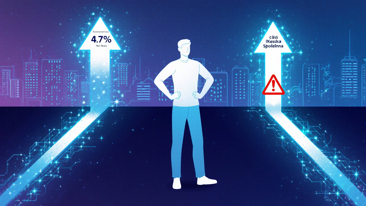 Člověk stojí mezi dvěma cestami financí: jedna s vysokým úrokem, druhá s poplatky.