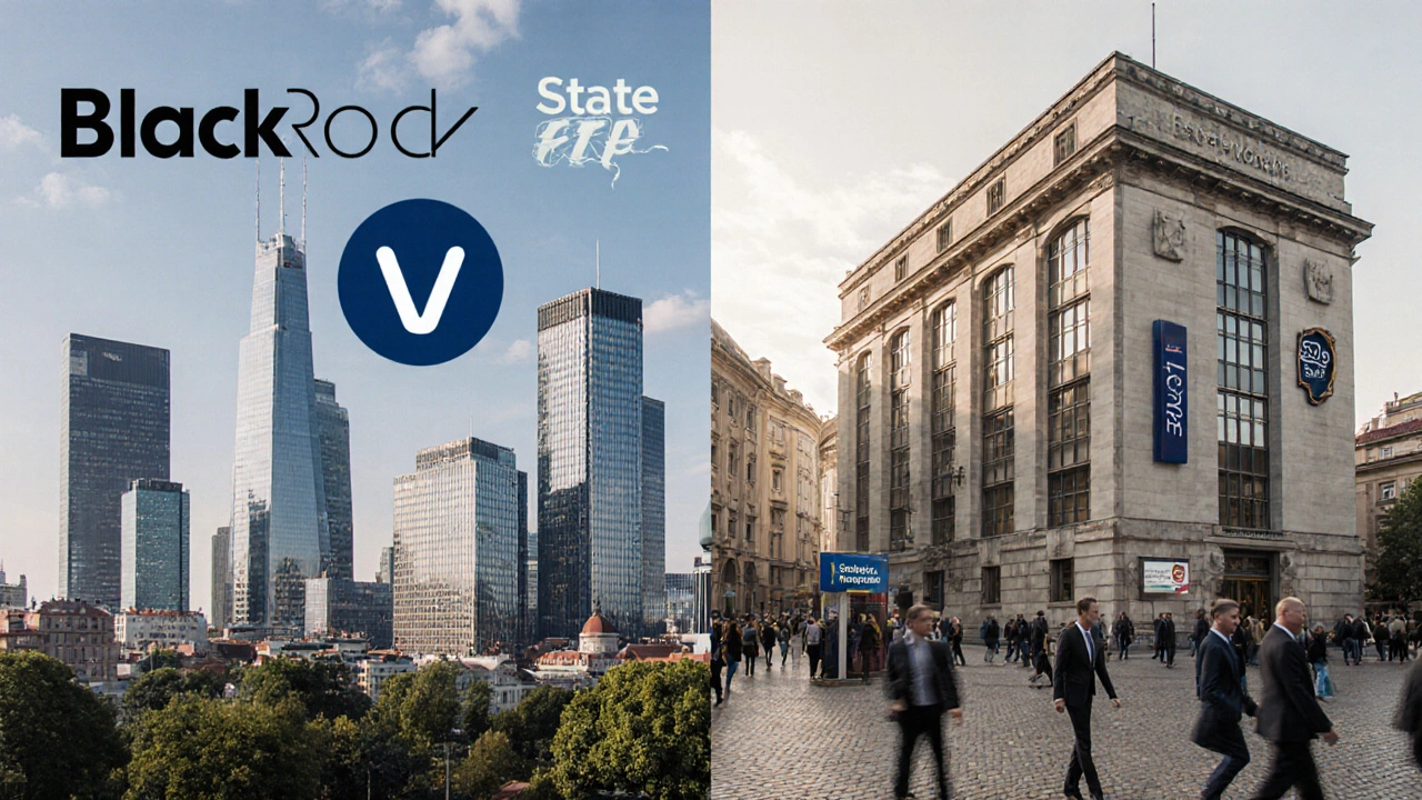 Globální vydavatelé ETF vpravo a české společnosti vlevo v kontextu městského panoramatu.