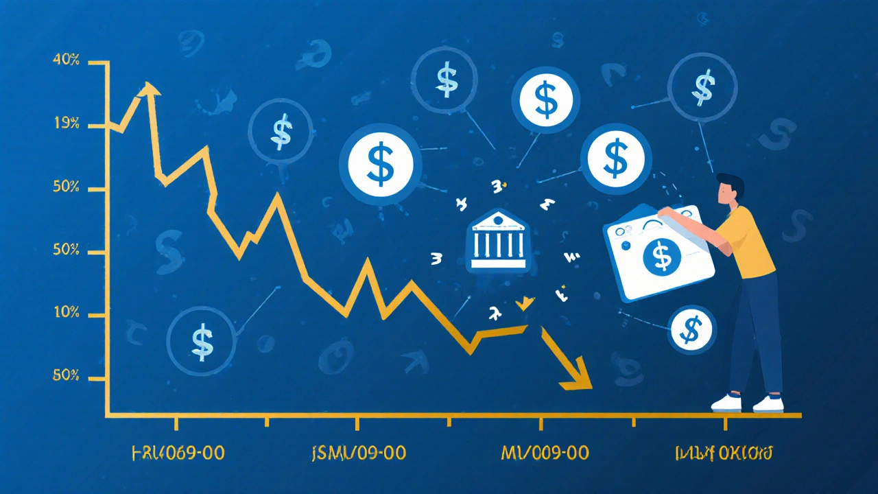 Graf ceny akcie s poklesem po ex-dividendním dni a symboly dividend směřujícími k bankovnímu účtu.