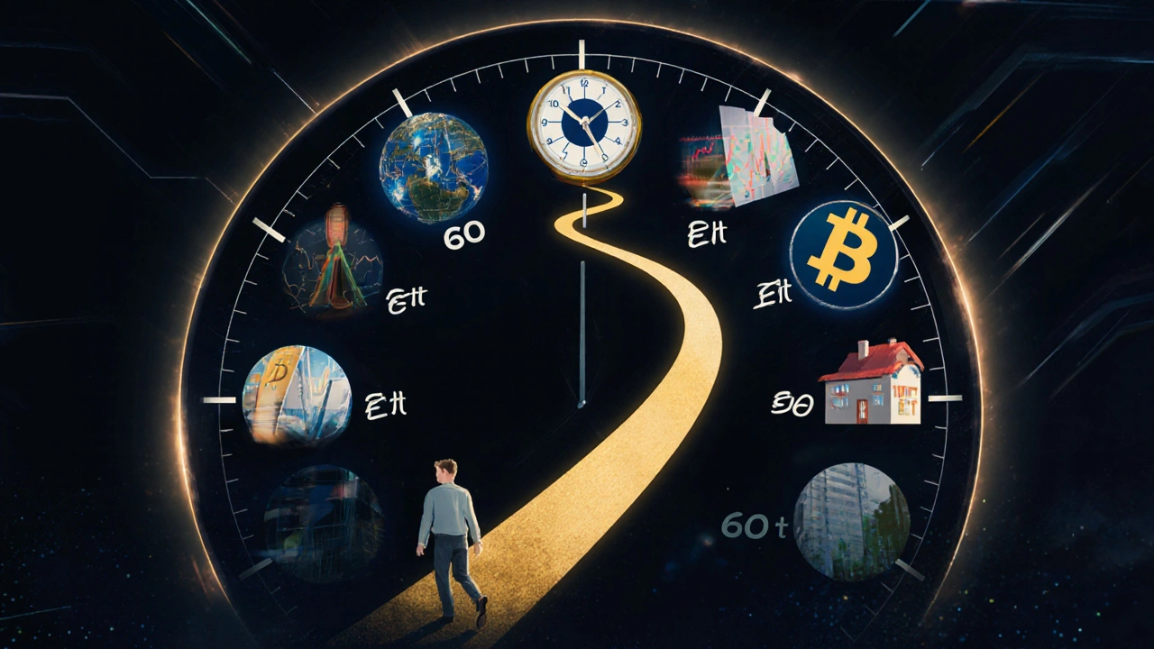 Hodiny s investicemi namísto čísel, cesta od 25 do 60 let zlatou čárou.