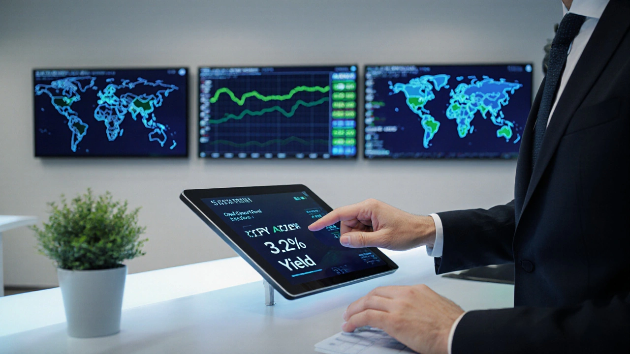 Investor na bankovním terminálu prohlíží 5letý státní dluhopis s výnosem 3,2 %.