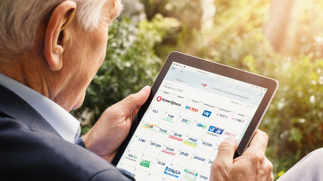 Investor s tabletovým portfoliem dividendních akcií v klidném domácím prostředí s kalendářem výplat.