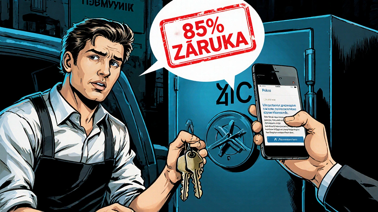 Kompromis mezi dlužníkem a investorem s výraznou záruční ochranou 85 % v komiksové stylizaci.