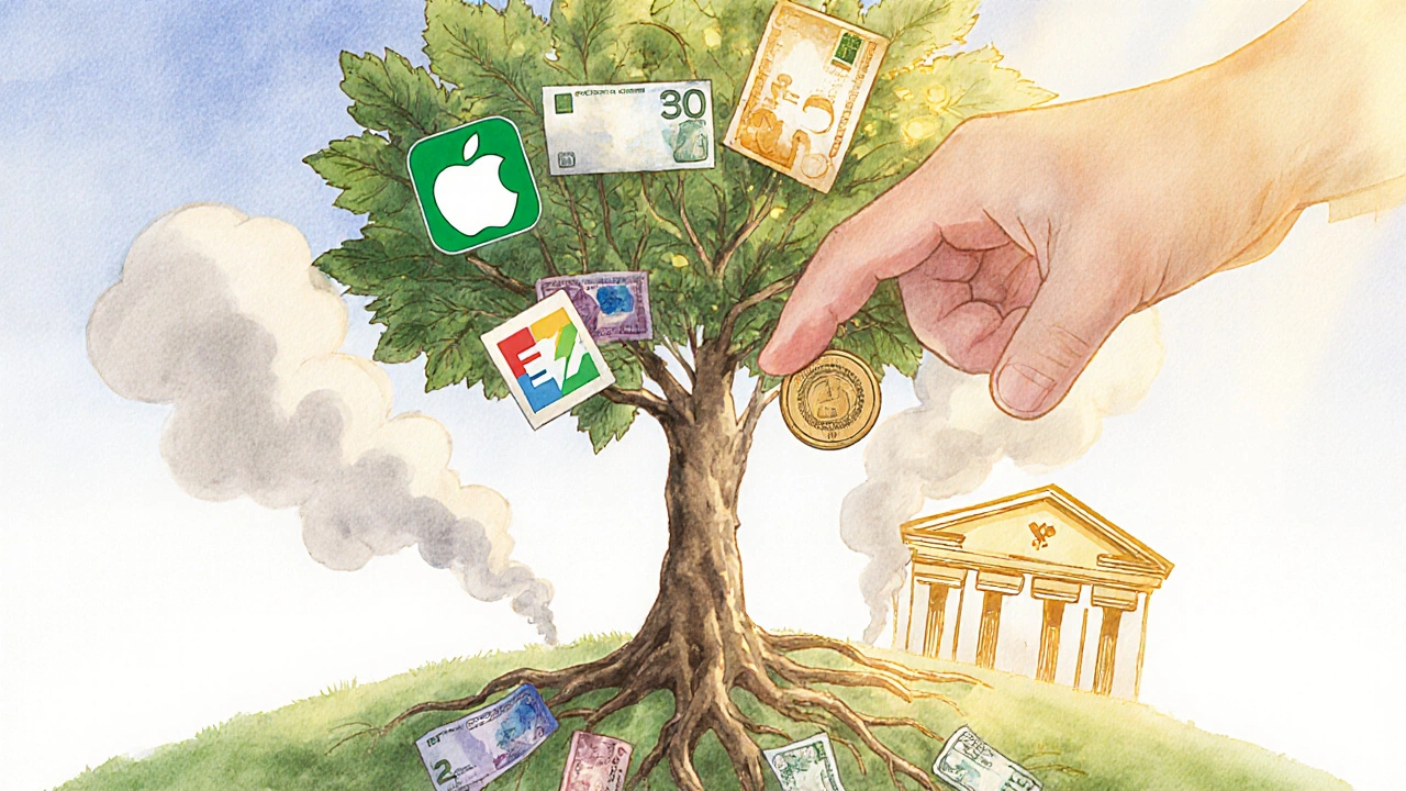 Malá ruka vkládá korunu do stromu s logy firem, zatímco inflace jako kouř stoupá z bankovního účtu.