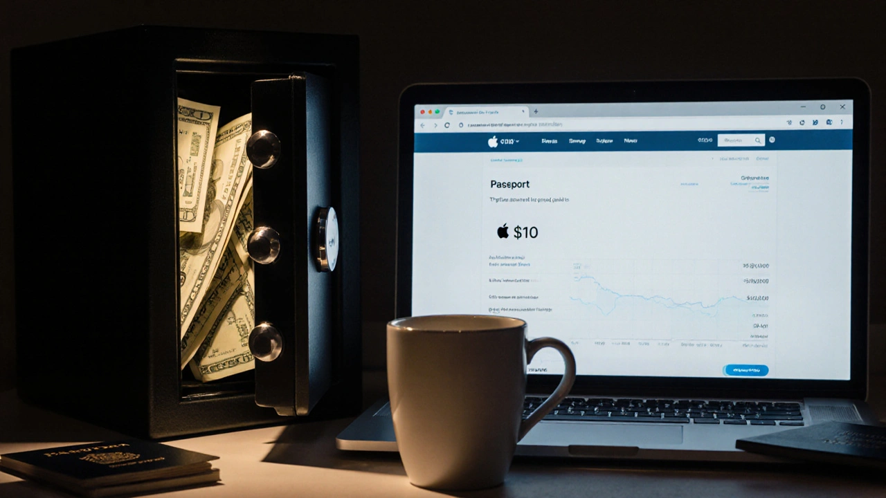 Otevřený trezor s dolyrami a notebookem s nákupem akcií Apple, káva a cestovní pas vedle.
