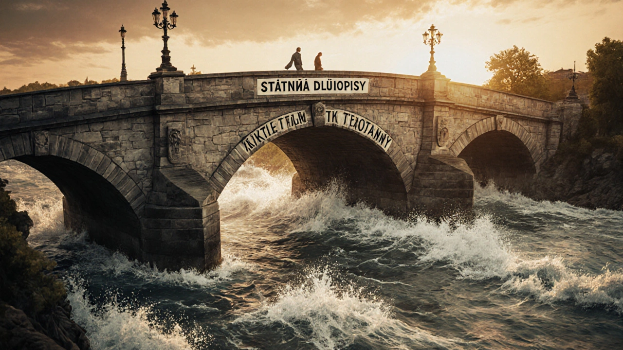 Pešák přechází přes most dluhopisů bezpečně přes bouřlivý řeku akcií.