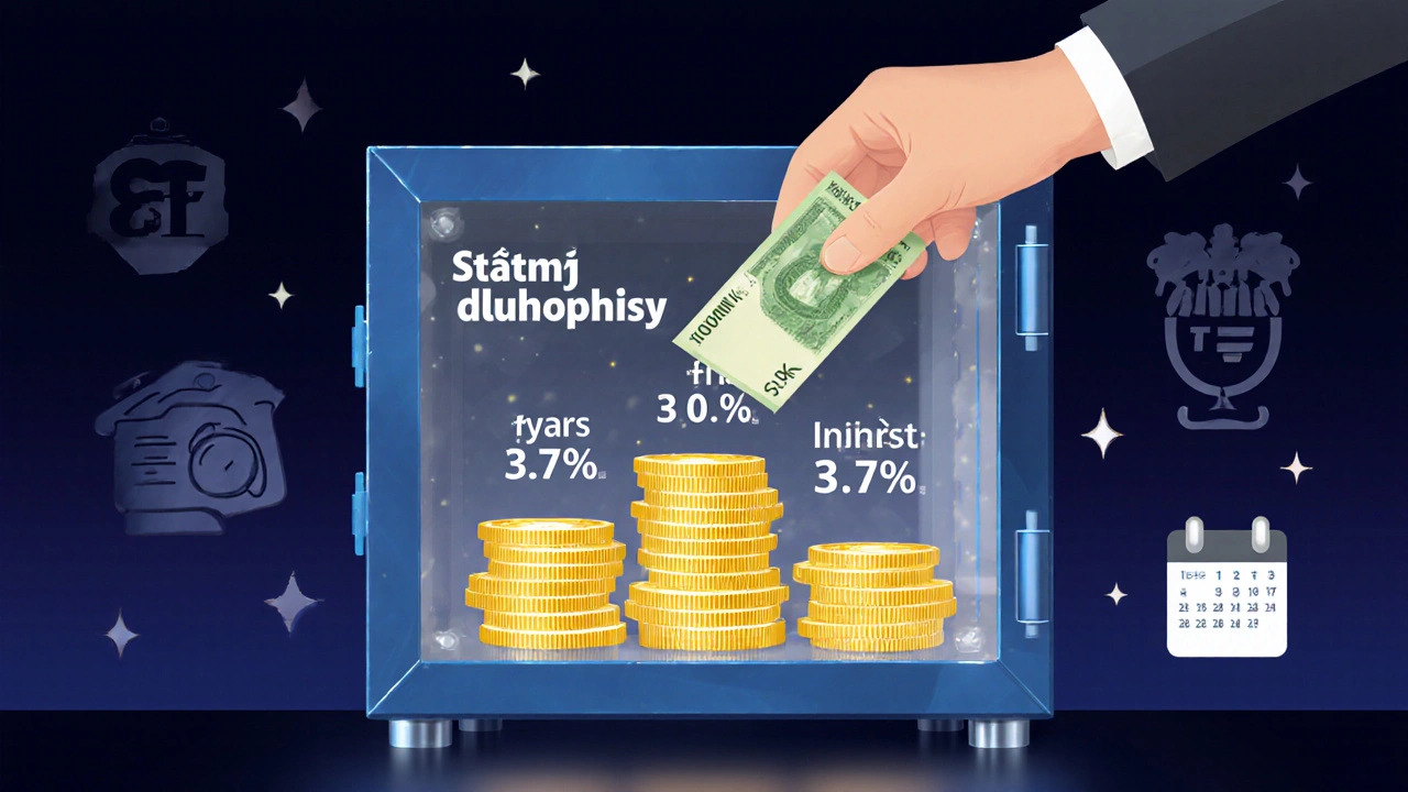 Průhledná skleněná věž s jasnými dluhopisy, do které je ukládána koruna, symbolizující bezpečnou investici do státních dluhopisů.