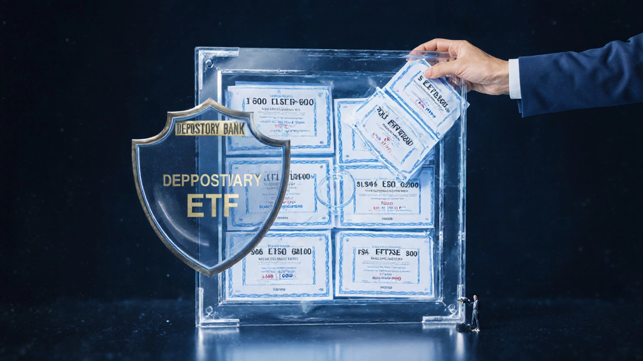 Průhledná trezorová skříň s akciemi chráněná depozitářem, symbolizující bezpečnost ETF.
