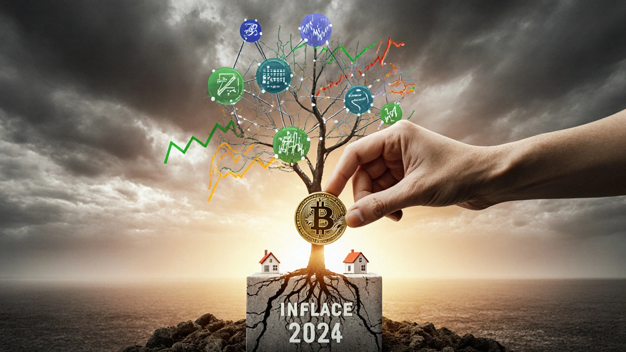 Ruka klade Bitcoin do stromu z digitálních uzlů, který roste z prasklého betonu s nápisem &#039;Inflace 2024&#039; pod zlatým zářivým nebem.