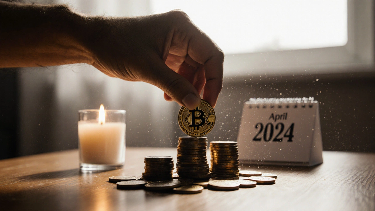 Ruka klade jednu bitcoino do hromádky s svíčkou a kalendářem z dubna 2024