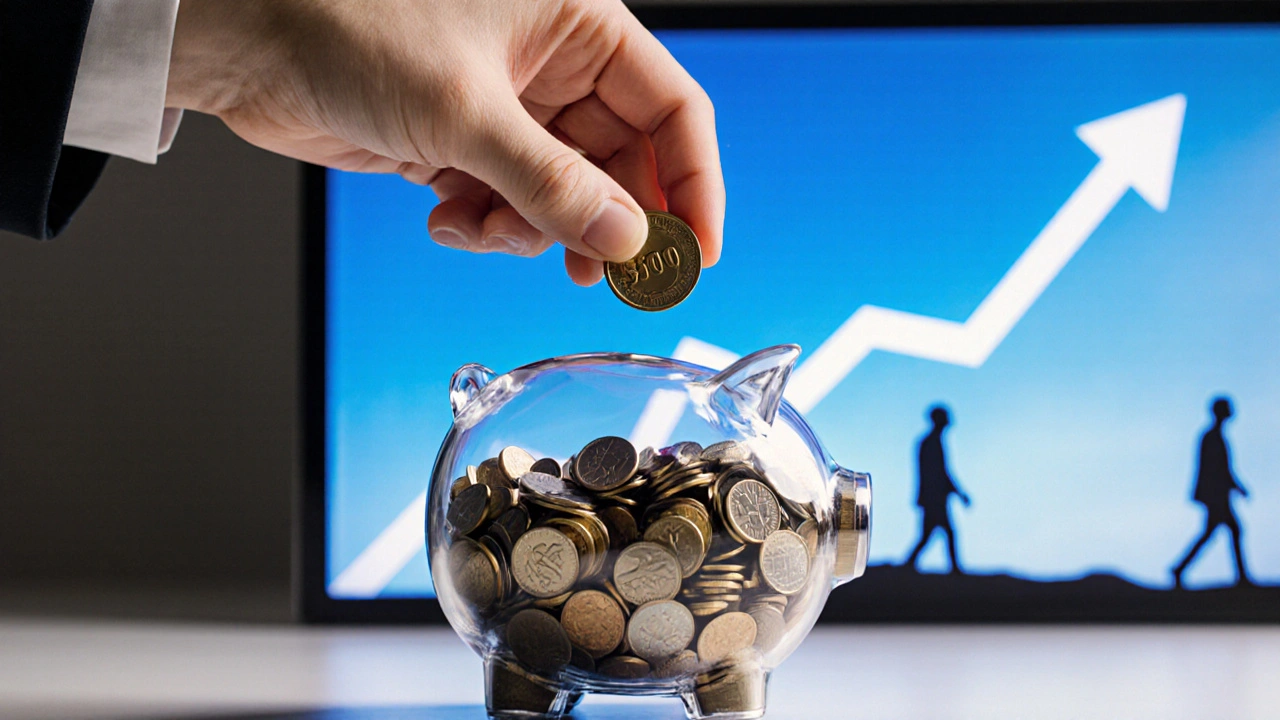 Ruka klade minci do průhledného pokladničky, za ní růstový graf investic.