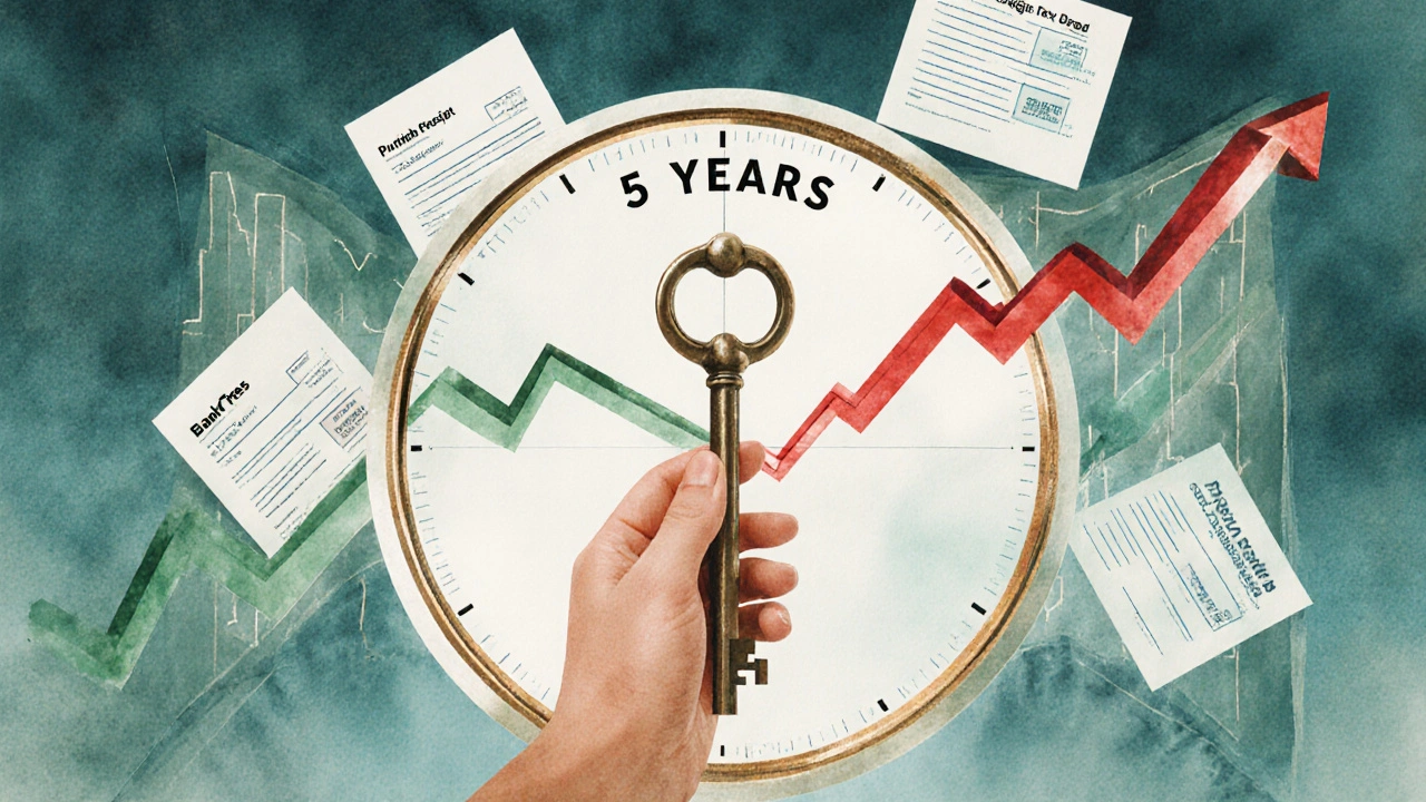 Ruka předává klíč přes časový portal označený &#039;5 let&#039; s grafy akcií v pozadí.