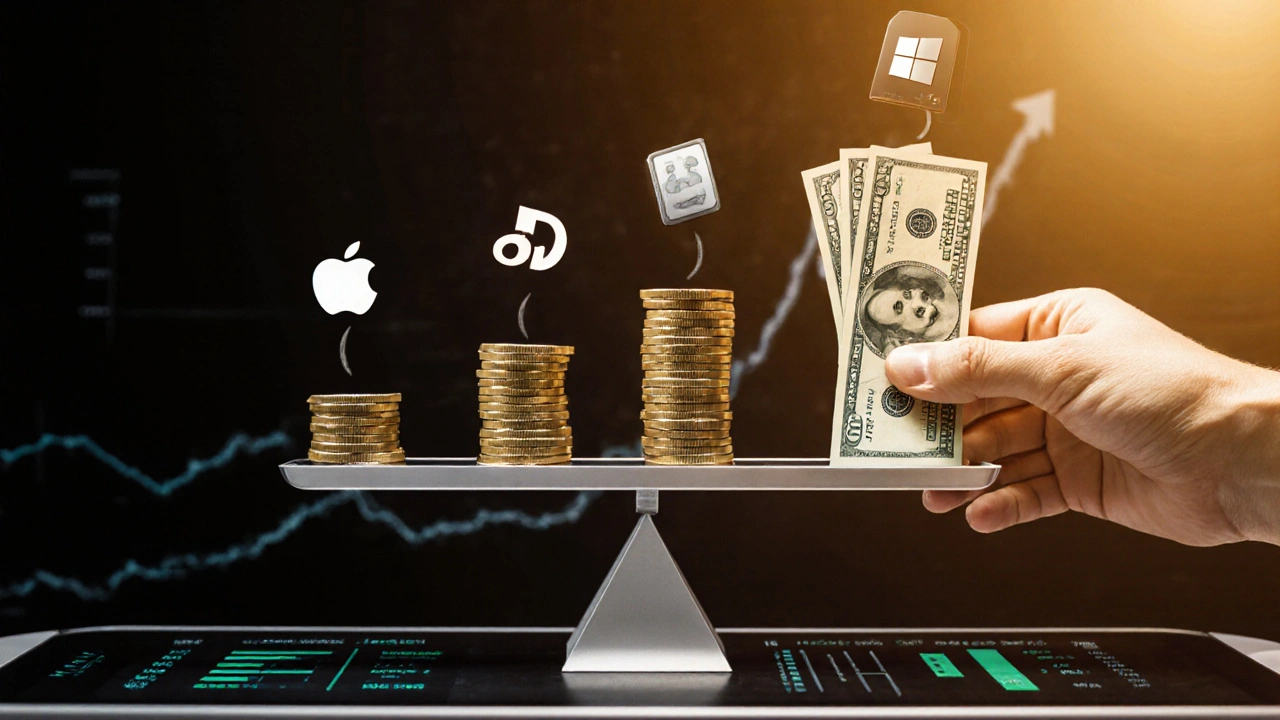 Ruka převádí koruny na dolary, z nichž vyrůstají ikony amerických akcií jako Apple a Microsoft.