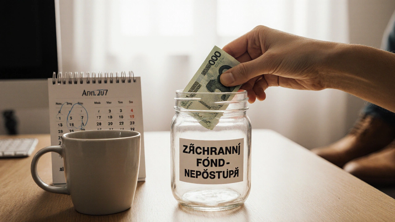 Ruka ukládá 500 Kč do skleněného kontejneru označeného jako záchranný fond, symbol malých kroků k bezpečí.