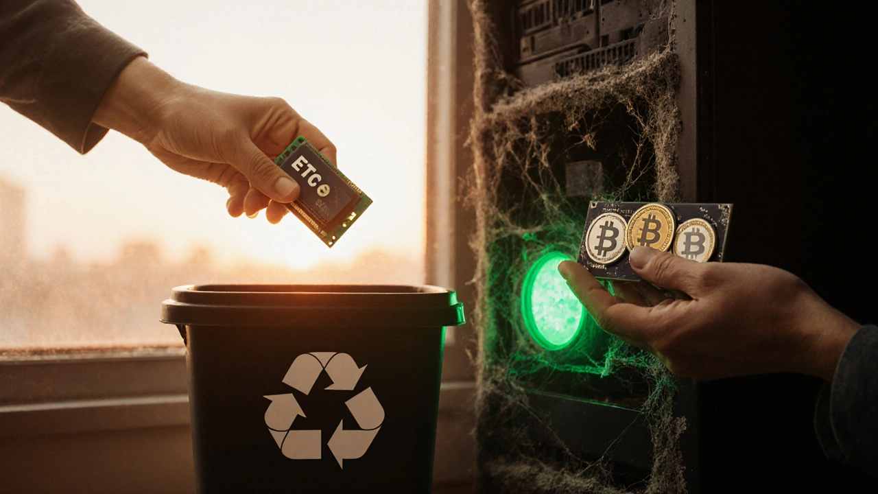 Ruky přenášejí starou grafickou kartu do recyklace, zatímco malá peněženka s kryptoměnami září