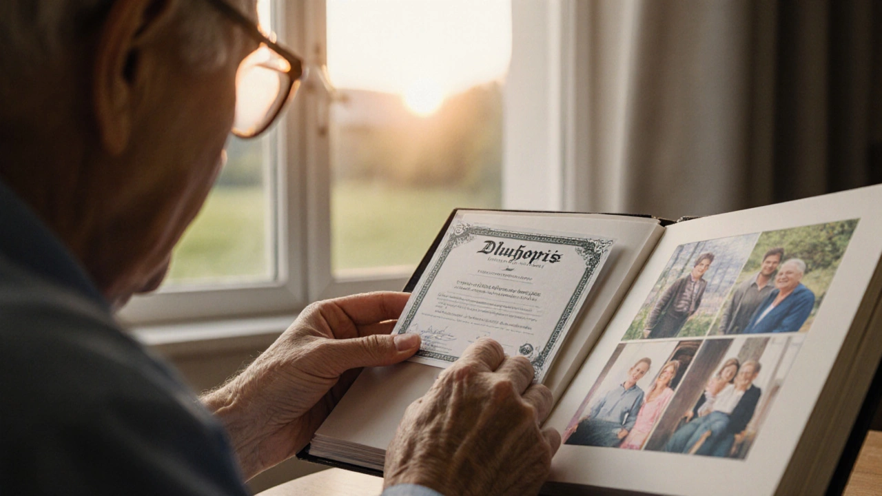 Starší muž ukládá dluhopis do rodinného albumu vedle fotek vnoučat.