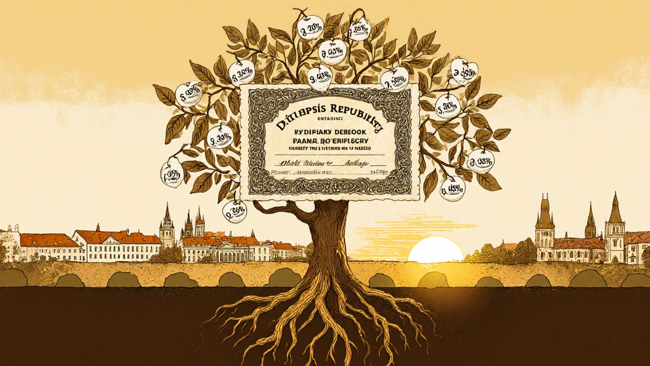 Strom rostoucí z dluhopisu republiky s úrokovými plody na větvích.