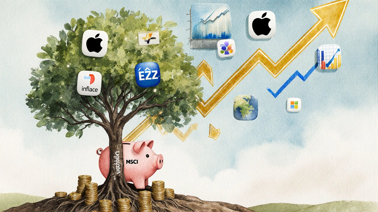 Strom rostoucí z piggy banku, kořeny z inflace, větve s globálními firmami a růstovými šipkami, styl vodové malby.