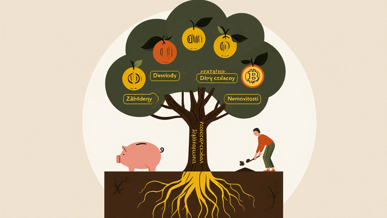 Strom rostoucí z piggy banku s ovoce představujícím různé druhy investic.