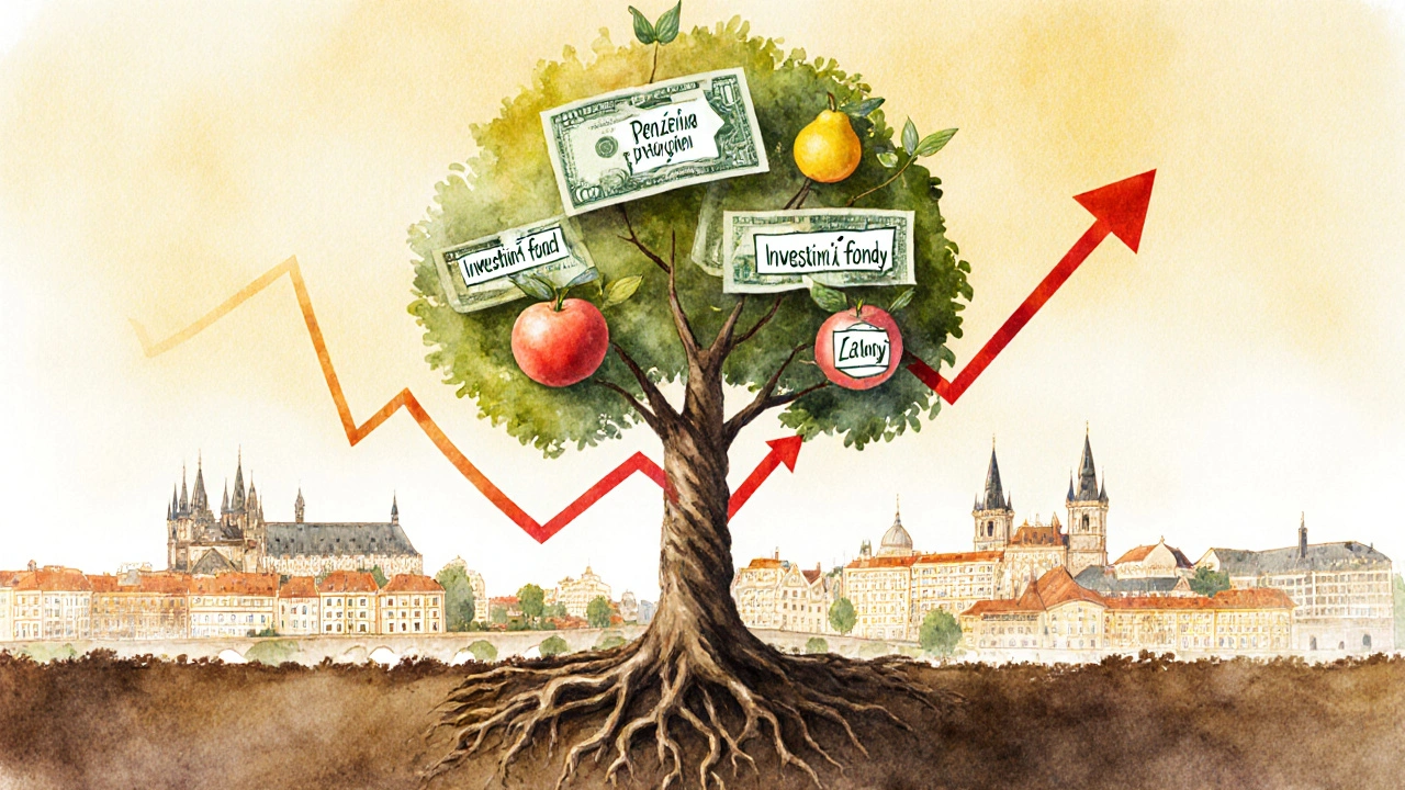 Strom s kořeny z bankovek a ovoce reprezentující finanční nástroje v pozadí Prahy.